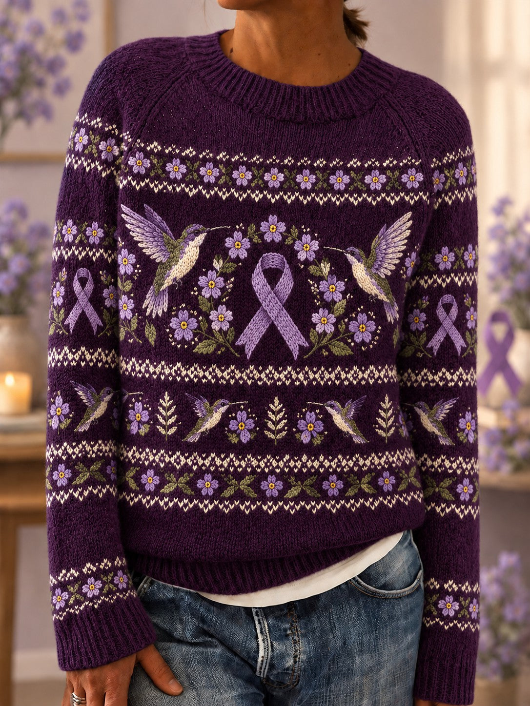 Pull pour femmes à imprimé floral sur le thème de la maladie d’Alzheimer