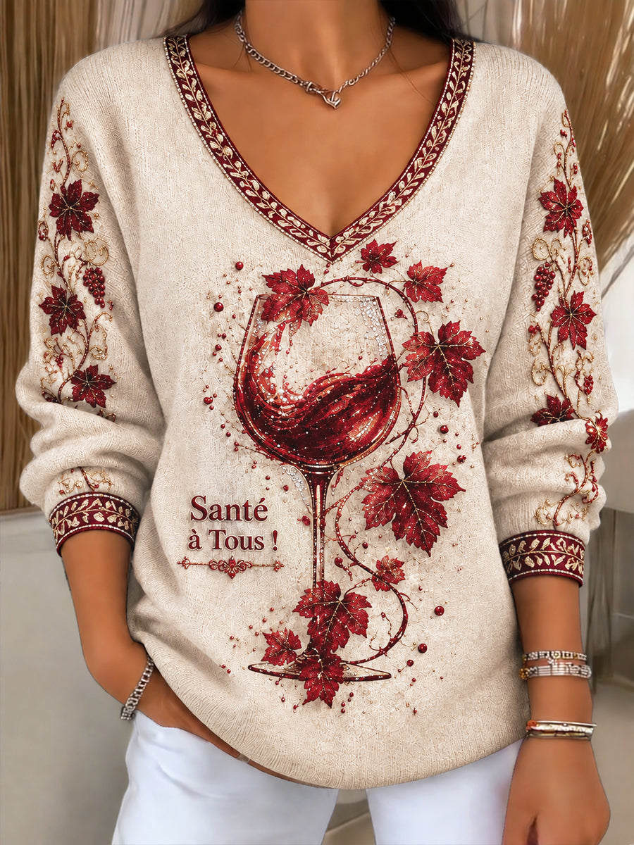 Femmes Français Beaujolais Nouveau Imprimer Casual V-cou AutumnWinter Pull