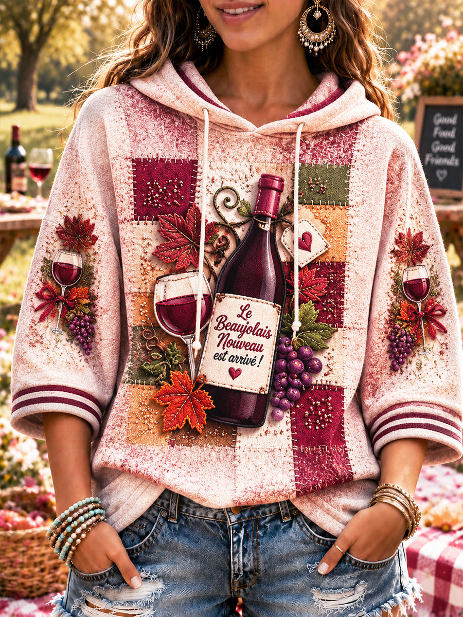 Femmes Français Beaujolais Nouveau Patchwork Imprimer Sweat à capuche