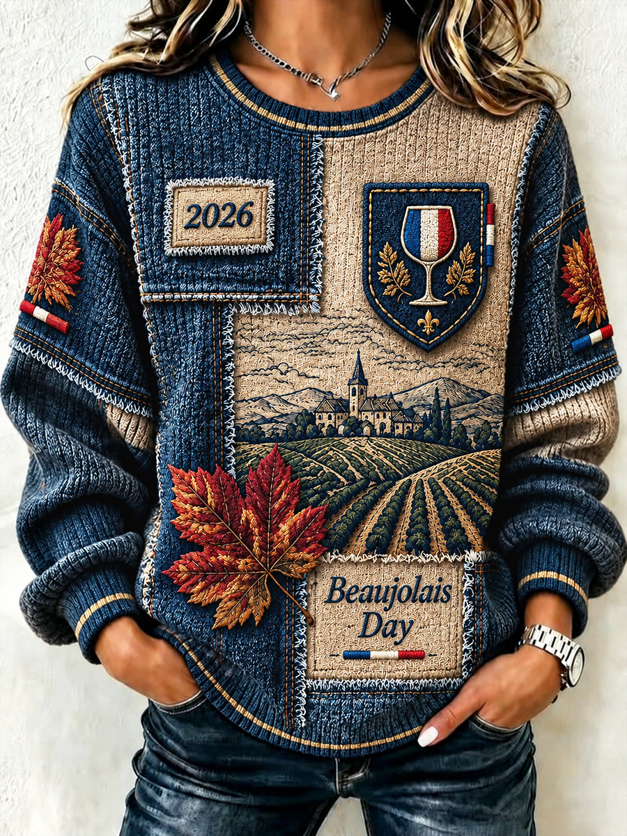 Femmes Français Beaujolais Nouveau Denim Patchwork Imprimer Casual Automne Sweat à capuche