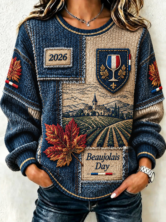 Femmes Français Beaujolais Nouveau Denim Patchwork Imprimer Casual Automne Sweat à capuche
