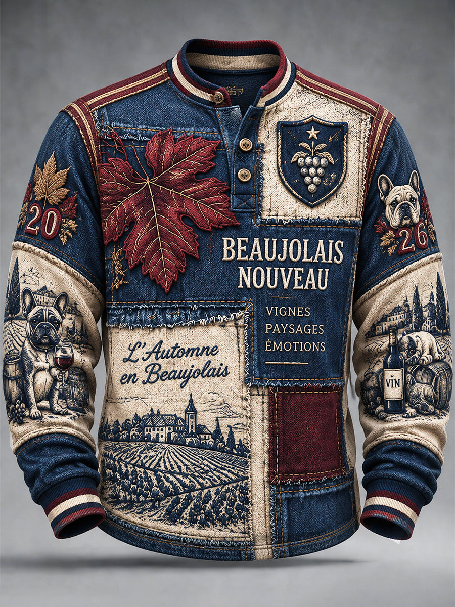 Hommes Français Beaujolais Nouveau Denim Patchwork Imprimer Casual AutumnWinter Hoodie