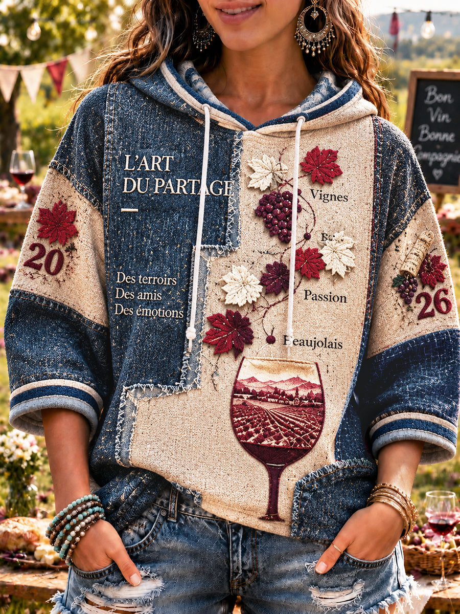 Femmes Français Beaujolais Nouveau Denim Patchwork Imprimer Sweat à capuche