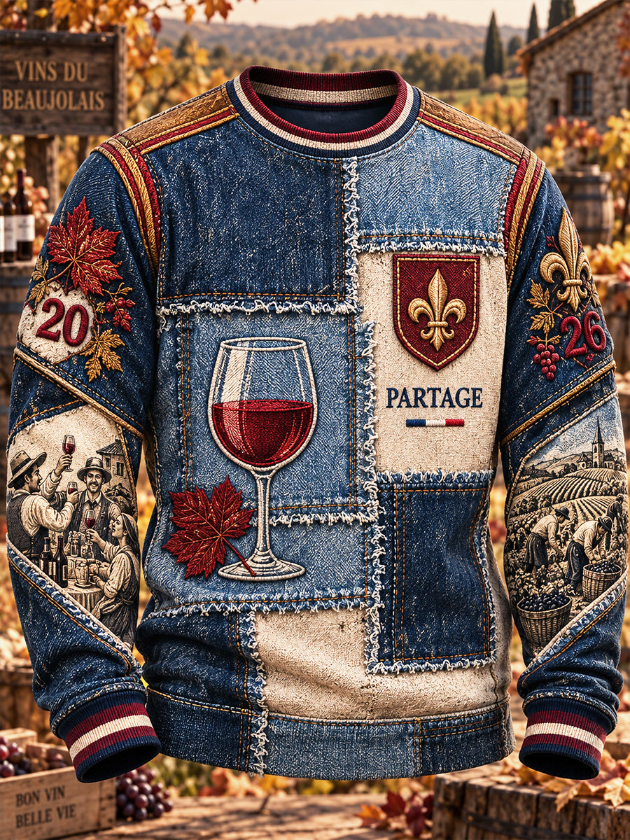 Hommes Français Beaujolais Nouveau Denim Patchwork Imprimer Casual Sweatshirt