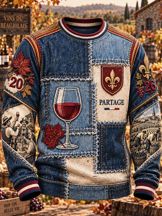 Hommes Français Beaujolais Nouveau Denim Patchwork Imprimer Casual Sweatshirt