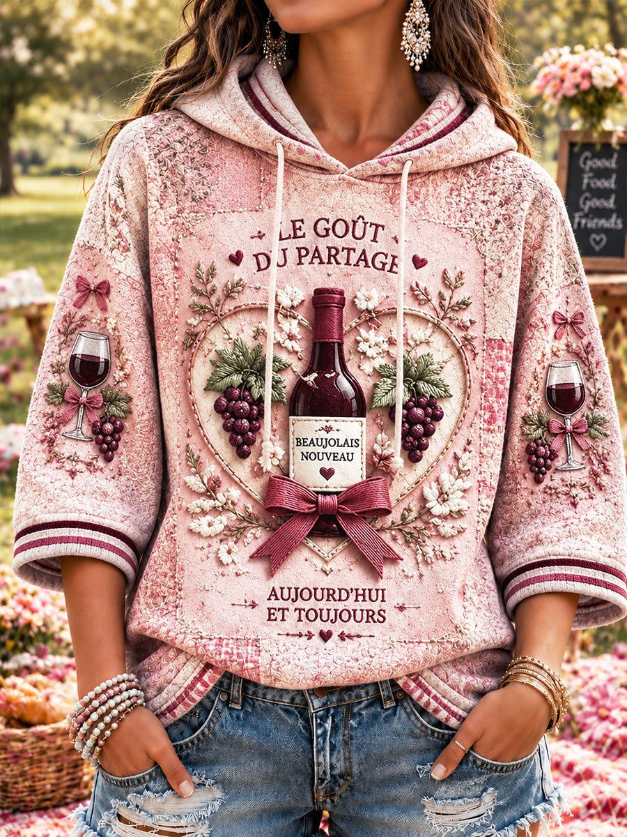 Femmes Français Beaujolais Nouveau Patchwork Imprimer Casual Sweat à capuche