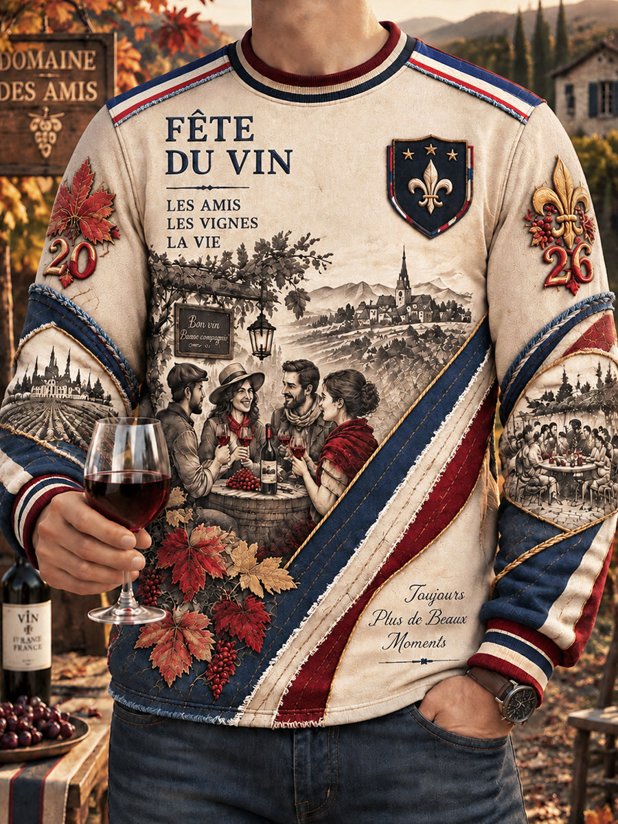 Sweat Homme Blanc Cassé Français Beaujolais Nouveau Imprimé Décontracté