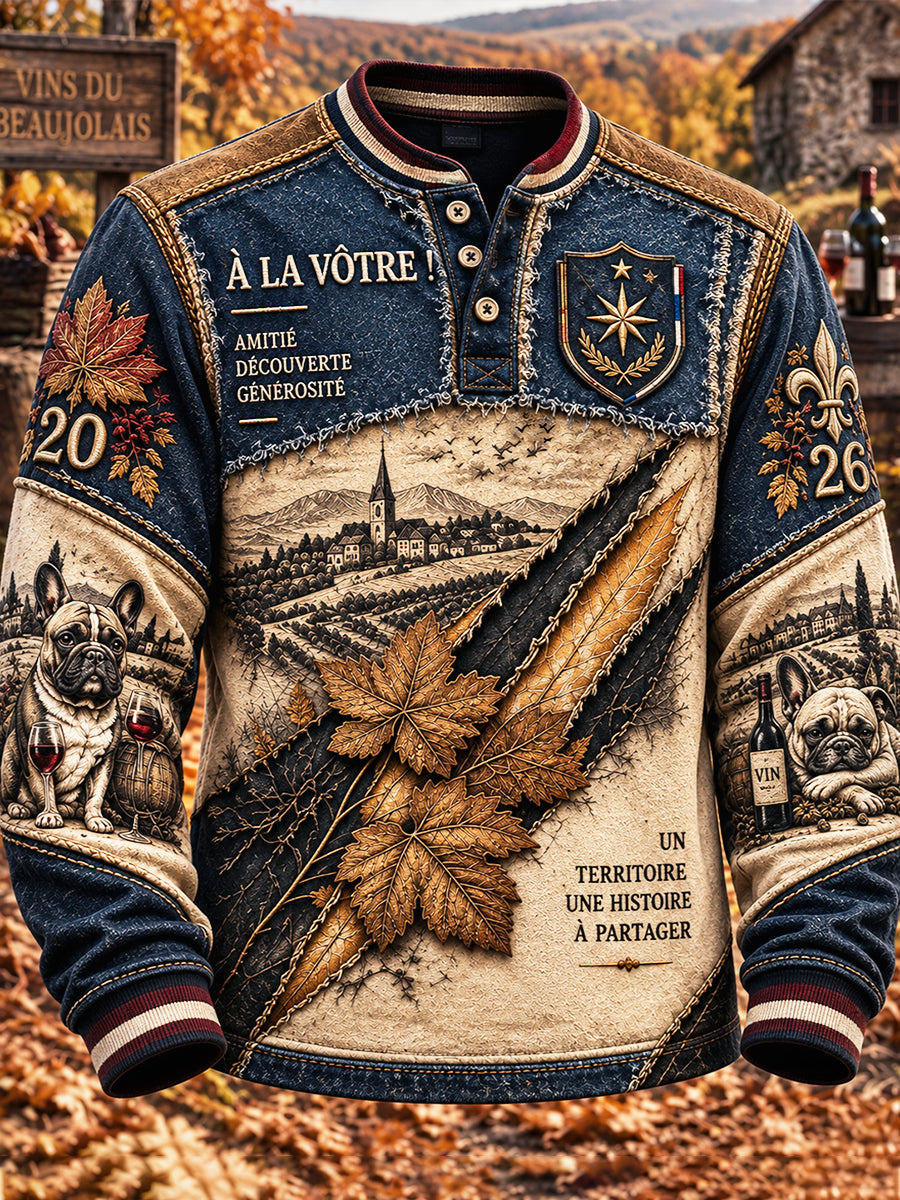 Français Beaujolais Nouveau Denim Patchwork Imprimer Casual Automne Sweatshirt