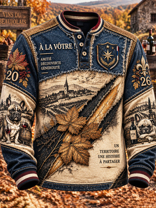 Français Beaujolais Nouveau Denim Patchwork Imprimer Casual Automne Sweatshirt
