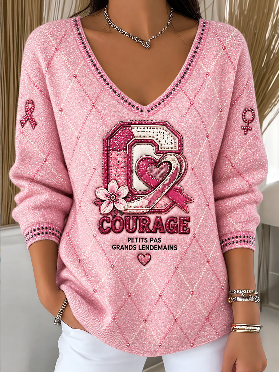 Haut Décontracté Femme Col En V France Cancer Du Sein Imprimé Lettre-Style Pull