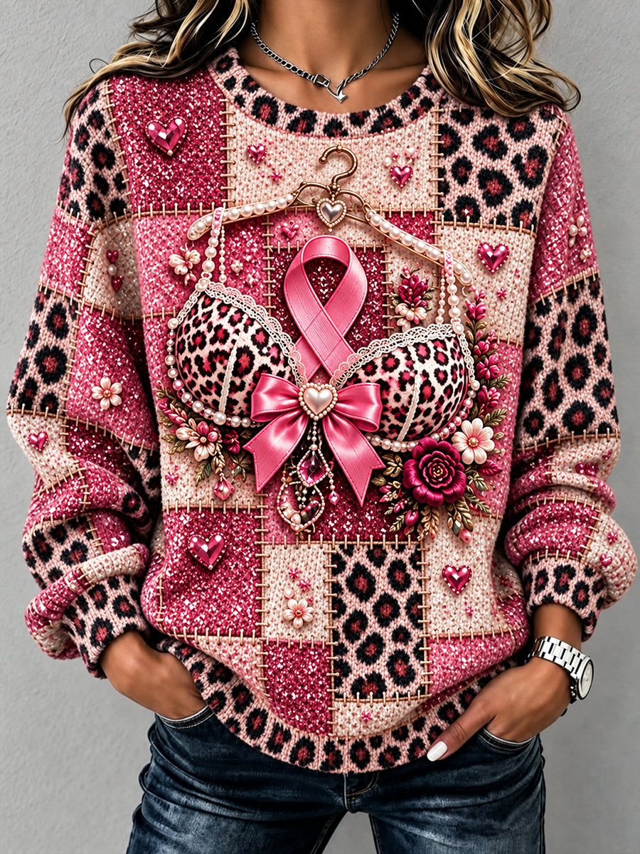 Sweat Femme French Breast Cancer Imprimé Léopard Patchwork Décontracté
