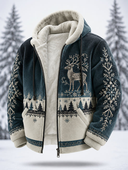 Manteau à capuche zippé en peluche, motif rennes nordiques, collection patrimoniale pour homme