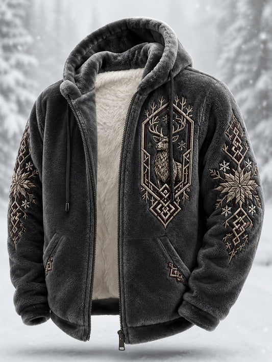 Manteau à capuche zippé en peluche, motif rennes nordiques, collection patrimoniale pour homme