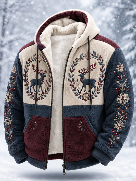 Manteau à capuche zippé en peluche, motif rennes nordiques, collection patrimoniale pour homme