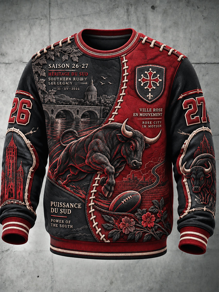 Sweat-shirt décontracté à imprimé patchwork pour hommes French Rugby Toulouse Bulls