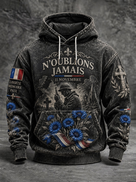 Sweat à capuche oversize imprimé «Armistice du 11 Novembre» pour homme, à épaules tombantes et avec poches