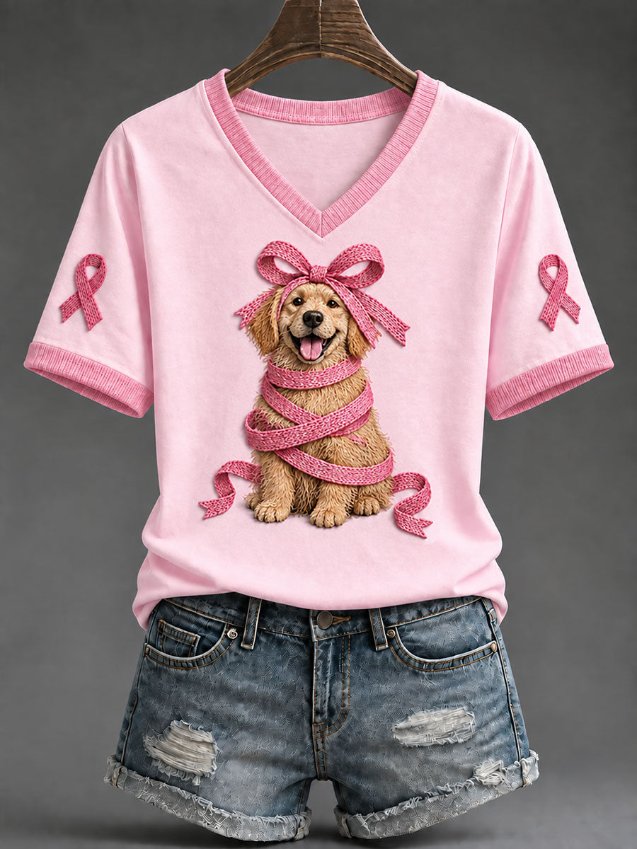 T-shirt décontracté pour femme à imprimé Golden Retriever et ruban rose