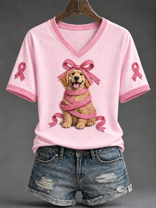 T-shirt décontracté pour femme à imprimé Golden Retriever et ruban rose