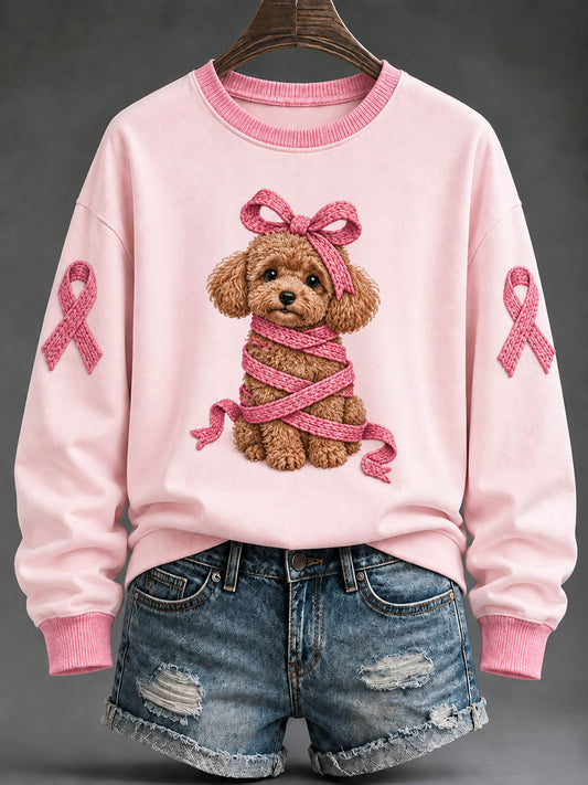 Sweat-shirt décontracté coupe classique pour femme, imprimé caniche et ruban rose