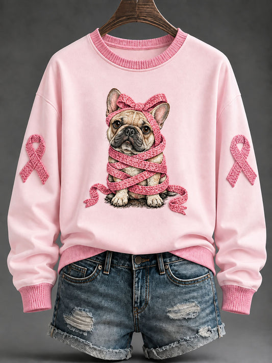 Sweat-shirt décontracté coupe classique pour femme, imprimé bouledogue français avec ruban rose