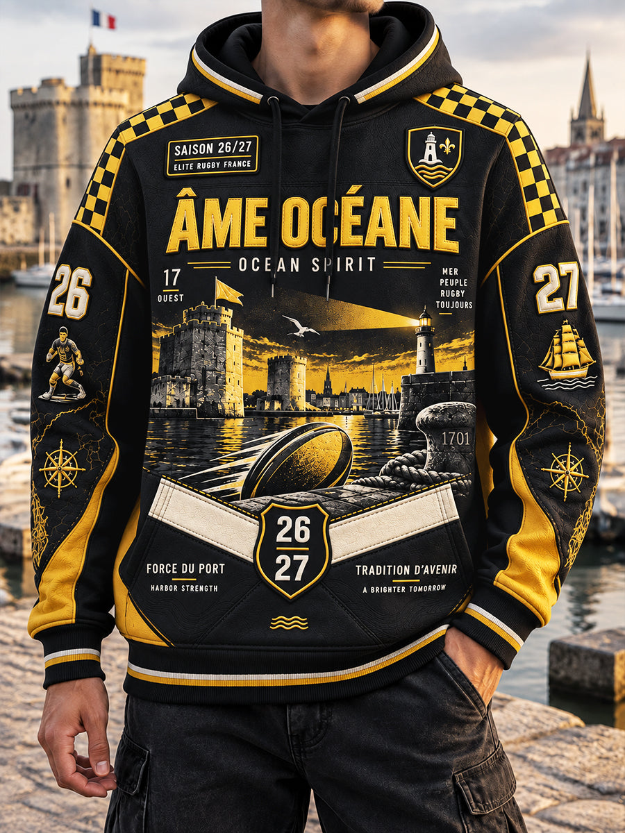 Sweat-shirt à capuche décontracté noir pour homme, imprimé du club de rugby français La Rochelle