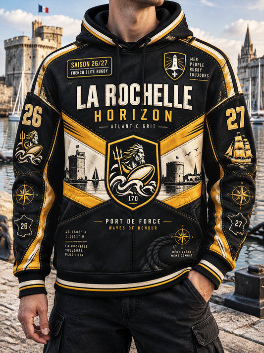 Sweat-shirt à capuche décontracté pour homme, noir, motif patchwork de l’équipe française de rugby La Rochelle