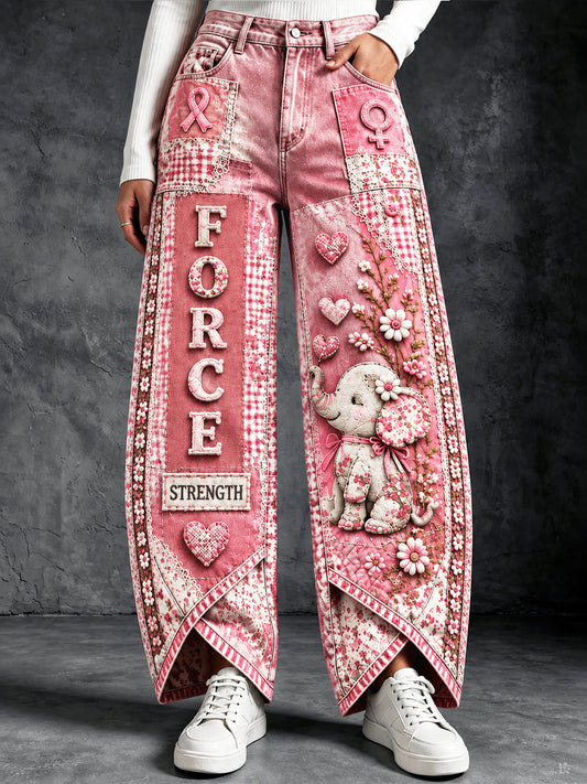 Pantalon décontracté rose pour femme, imprimé patchwork français sur le thème du cancer du sein