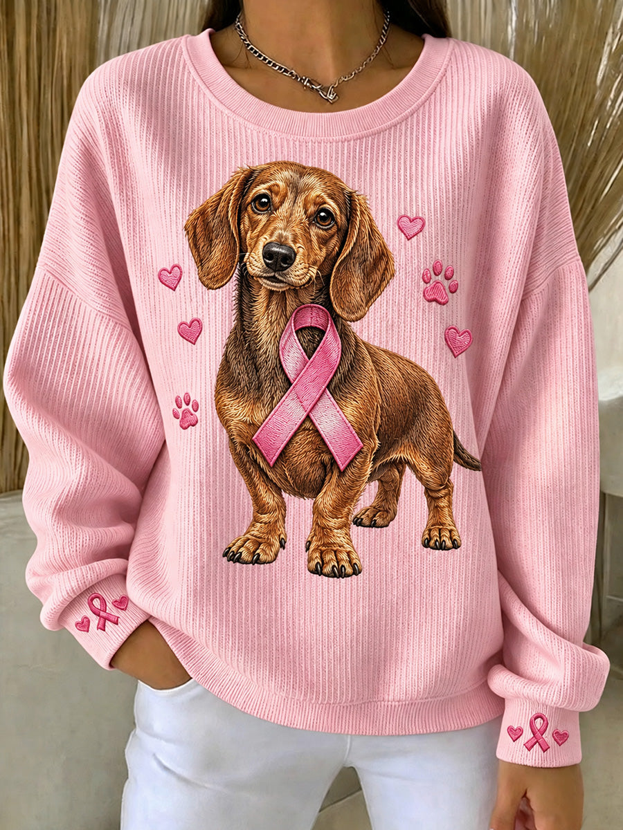 Sweat-shirt à col rond pour femme, motif dachshund avec ruban rose
