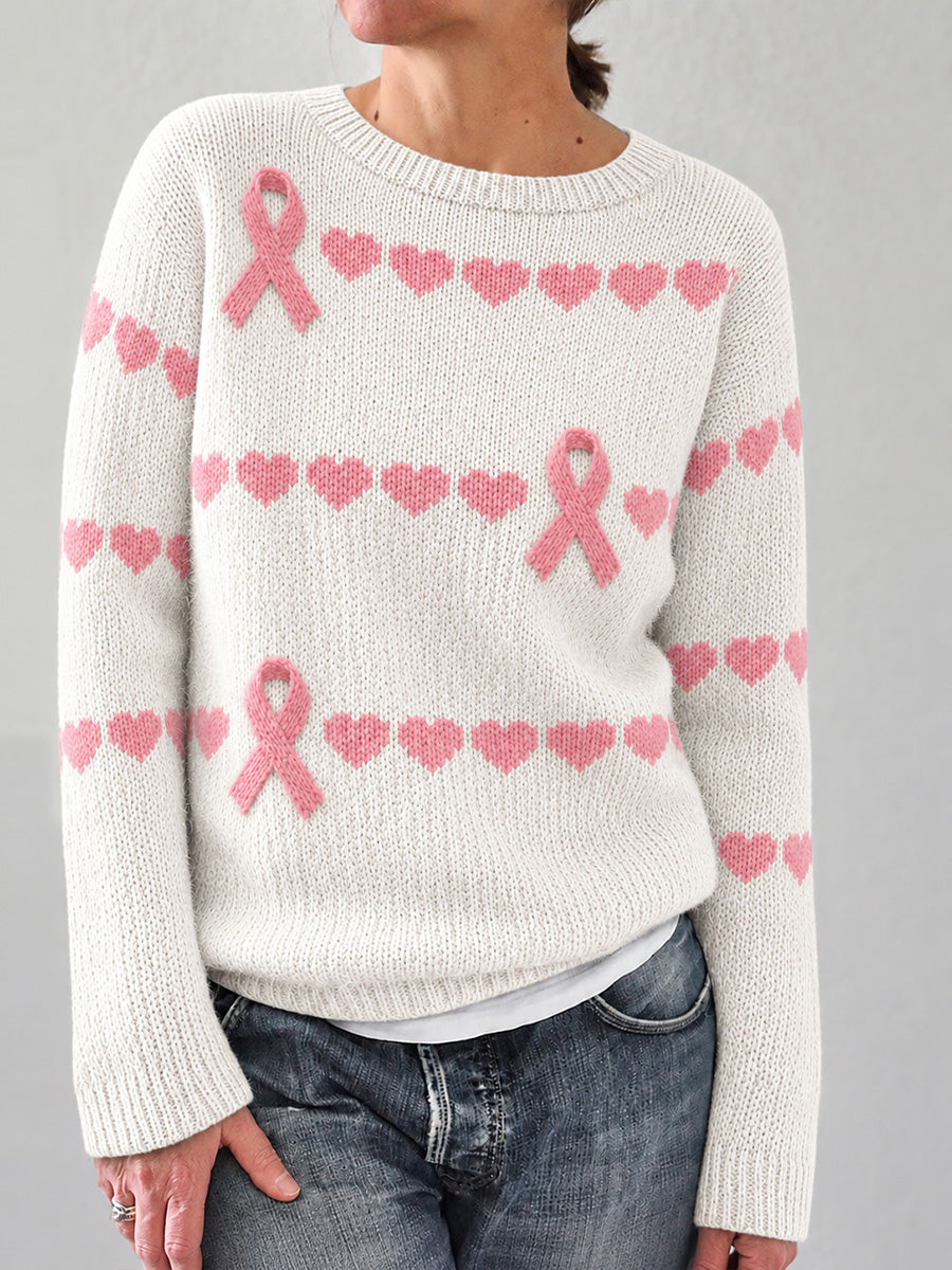 Pull confortable élégant pour femme, imprimé cœur et ruban rose