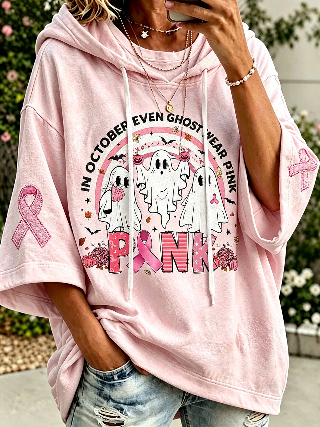 Éléments d'Halloween pour femmes et sweat à capuche décontracté imprimé à motif de ruban de charité rose