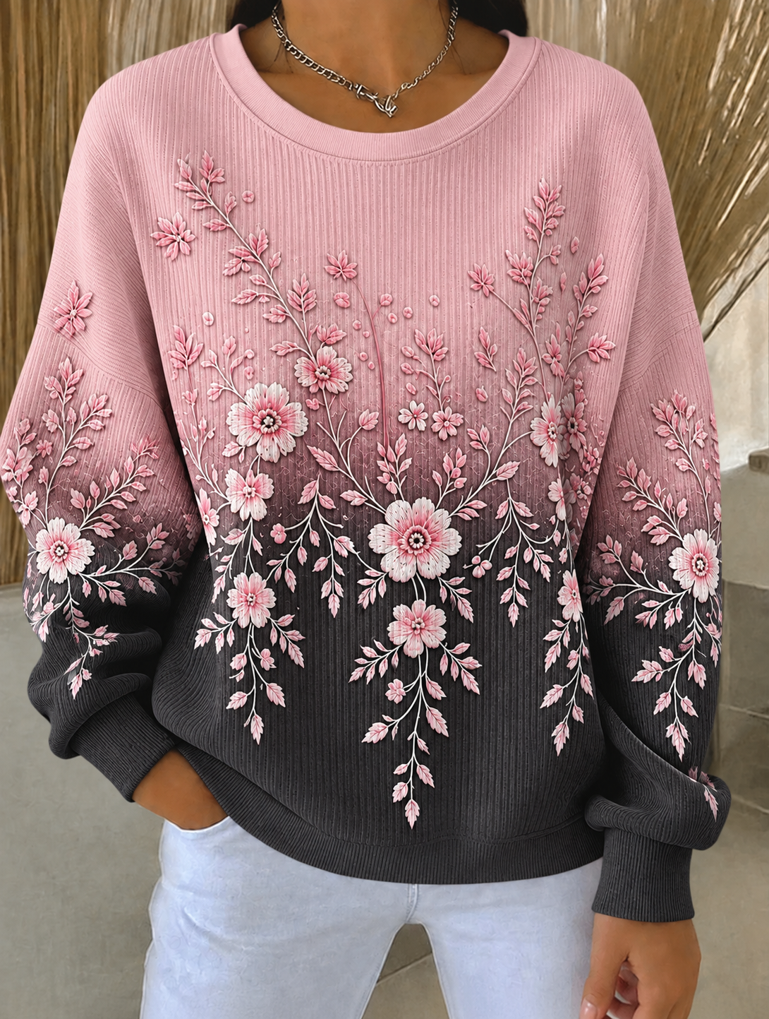 Sweatshirt Col Rond Côtelé Cancer Du Sein Femme