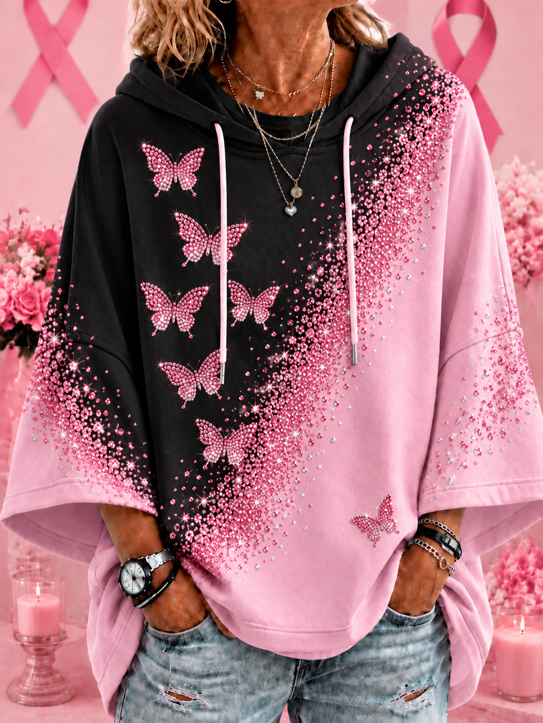 Chandail à capuchon à manches courtes Breast Cancer Femme