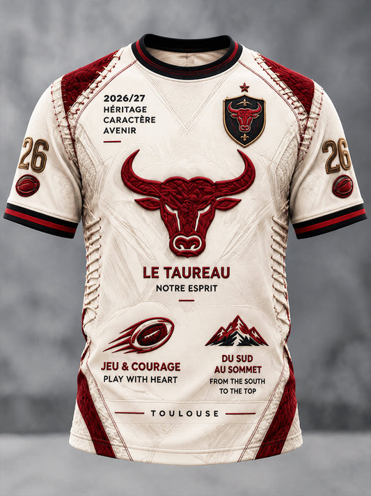 T-shirt décontracté beige pour homme, motif patchwork du Toulouse Rugby