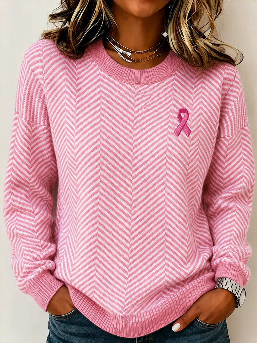 Pull à col rond rose avec ruban de sensibilisation au cancer du sein pour femmes