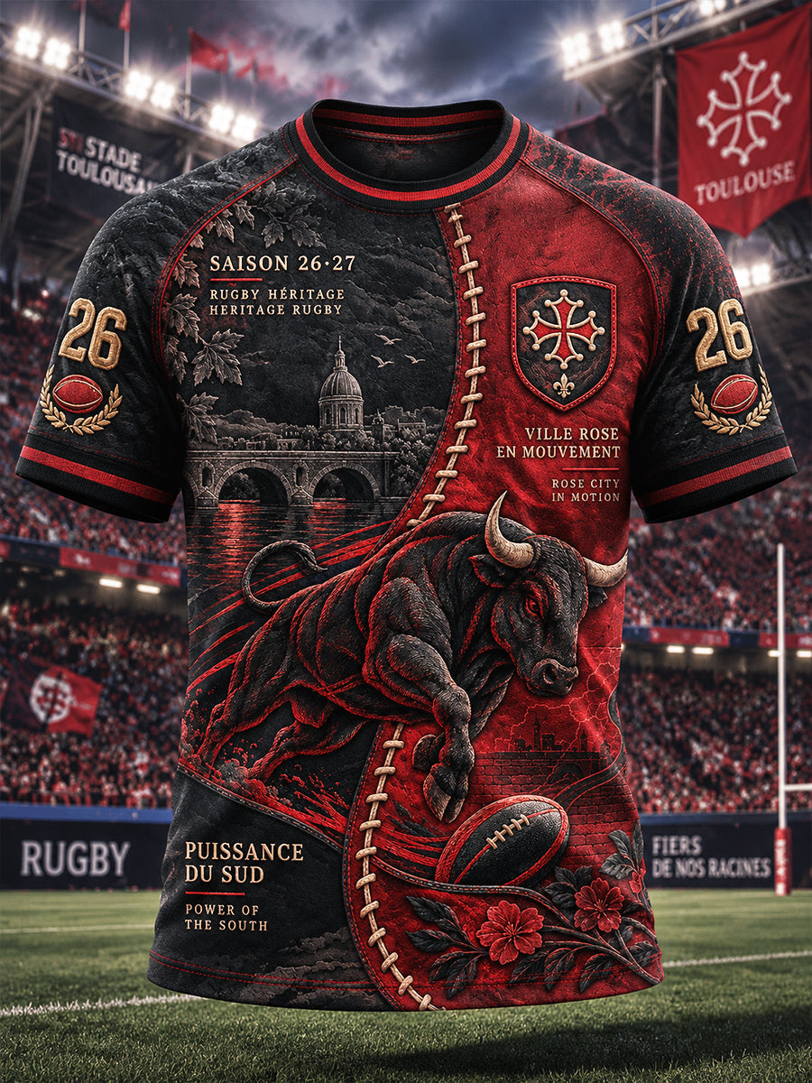 T-shirt décontracté pour homme, motif patchwork avec logo des Bulls de Toulouse, rugby français