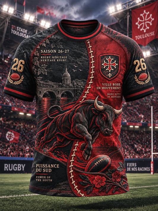 T-shirt décontracté pour homme, motif patchwork avec logo des Bulls de Toulouse, rugby français
