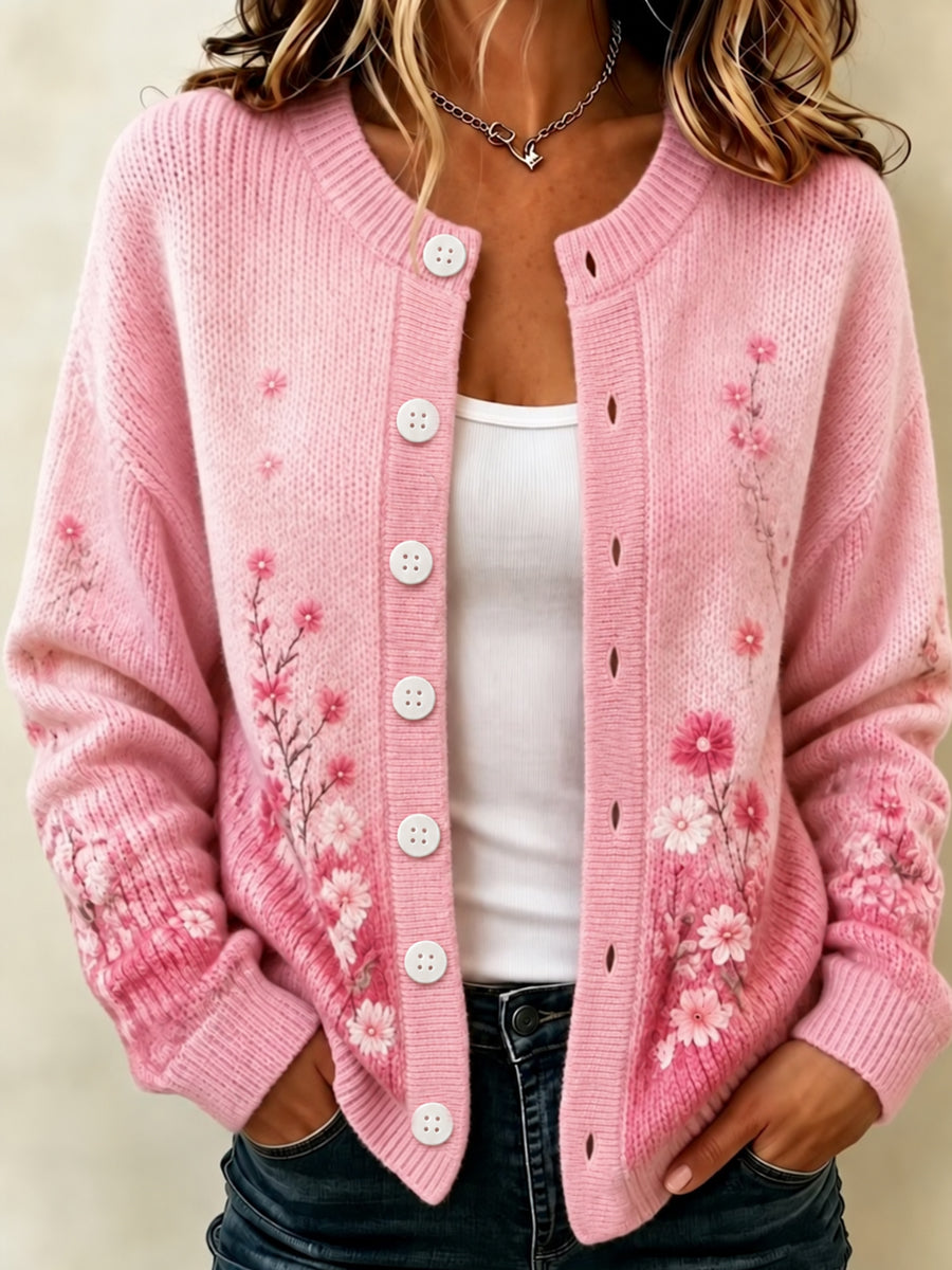 Cardigan rose pour la sensibilisation au cancer du sein chez les femmes, orné de fleurs roses