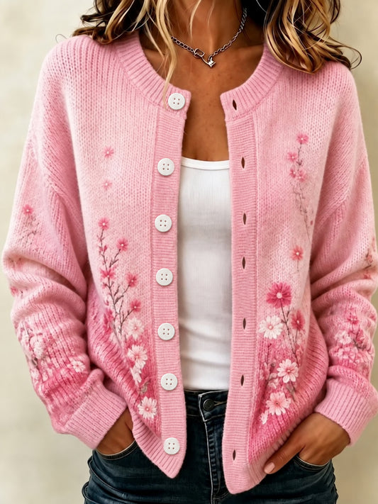 Cardigan rose pour la sensibilisation au cancer du sein chez les femmes, orné de fleurs roses