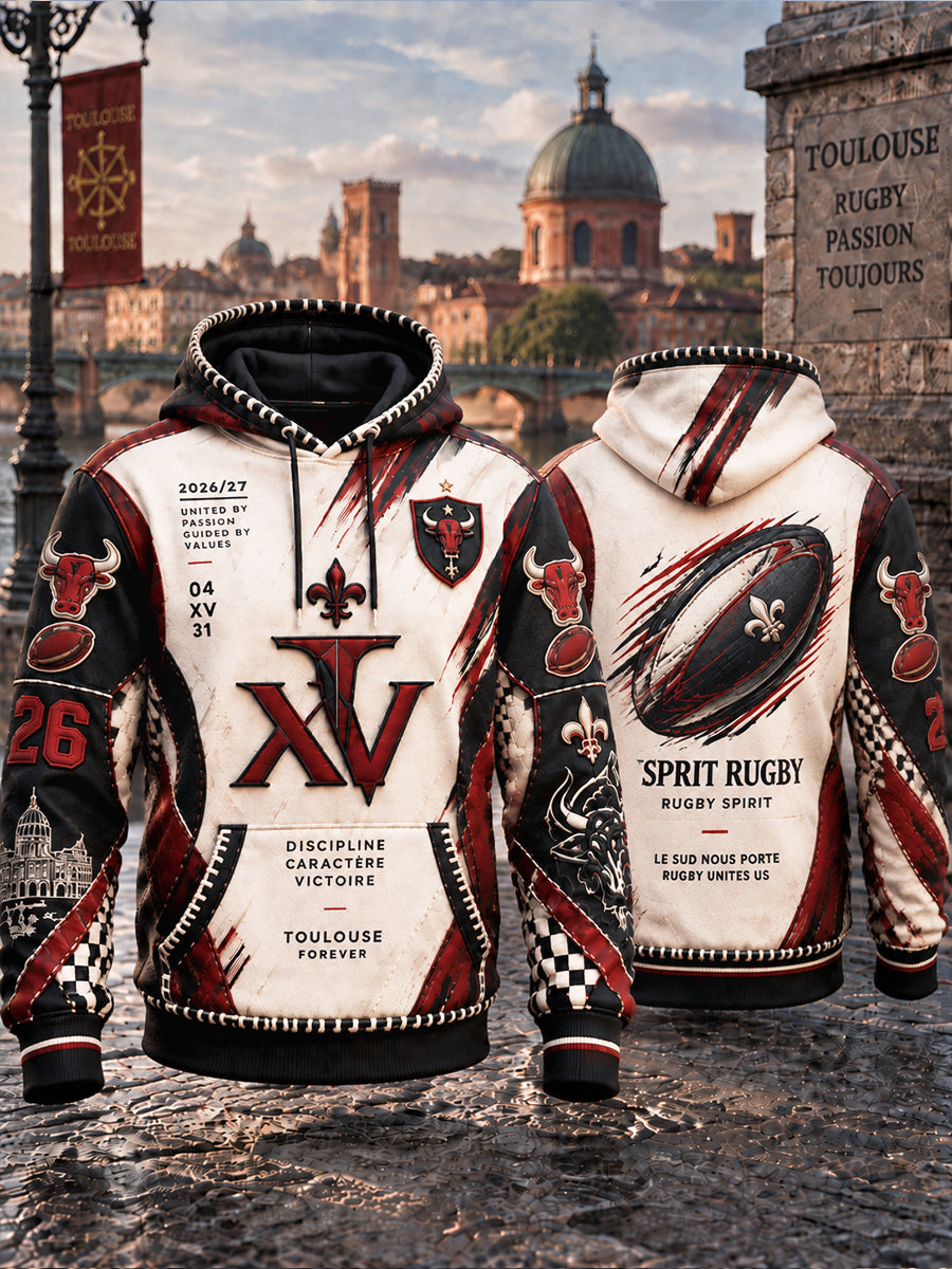 Sweat-shirt à capuche décontracté pour homme, motif patchwork, rugby français, Toulouse