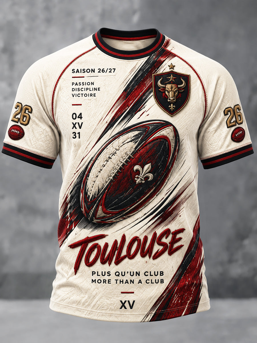 T-shirt décontracté vintage beige pour homme, motif patchwork au style rugby français de Toulouse