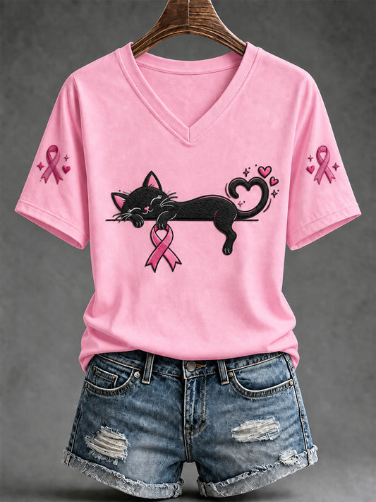 T-shirt à col en V imprimé de sensibilisation au cancer du sein pour femmes