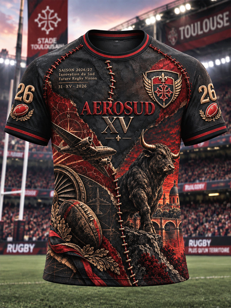 T-shirt décontracté vintage pour homme, imprimé patchwork aux motifs des taureaux de Toulouse, club de rugby français