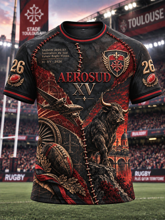 T-shirt décontracté vintage pour homme, imprimé patchwork aux motifs des taureaux de Toulouse, club de rugby français