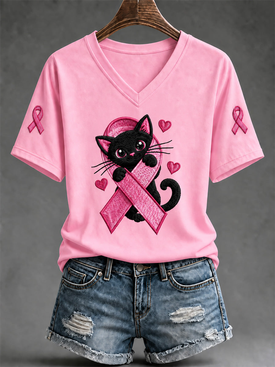 T-shirt à col en V imprimé de sensibilisation au cancer du sein pour femmes
