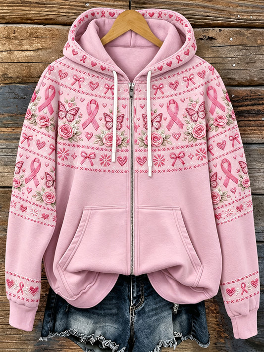 Sweat à capuche zippé confortable pour femme, imprimé floral avec ruban rose vintage