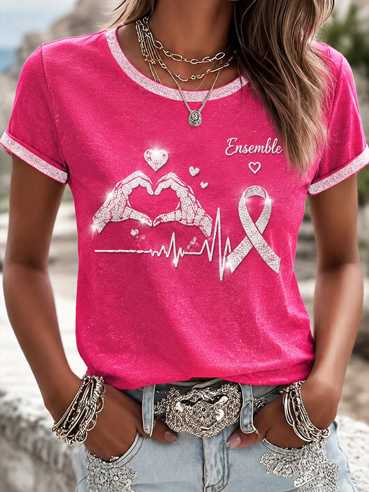 T-shirt décontracté rose pour femmes, imprimé français sur le cancer du sein