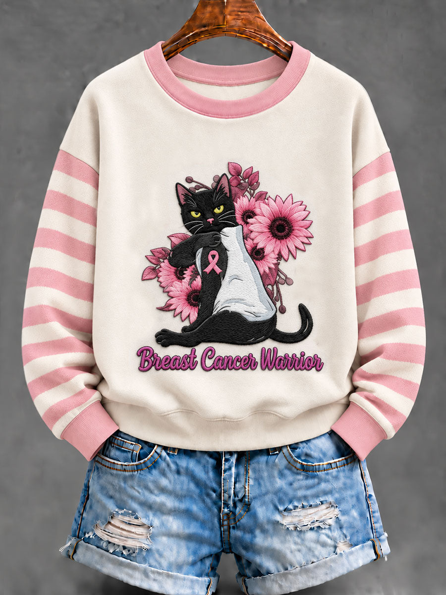 Sweat-shirt classique pour femme à ruban rose et motif chat noir