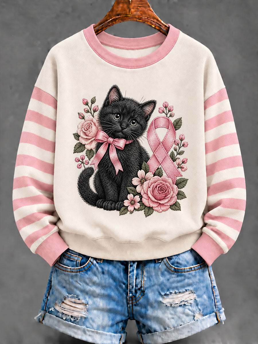 Sweat-shirt classique pour femme à ruban rose et motif chat noir