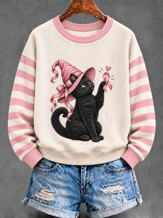 Sweat-shirt classique pour femme à ruban rose et motif chat noir
