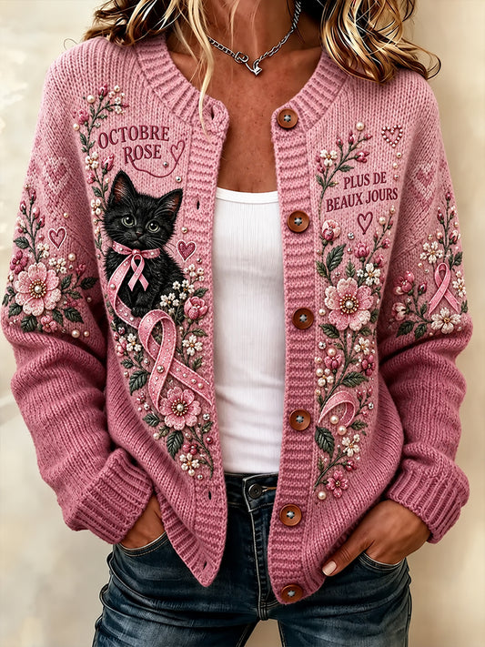 Cardigan tricoté boutonné de sensibilisation au cancer du sein pour femmes, style français